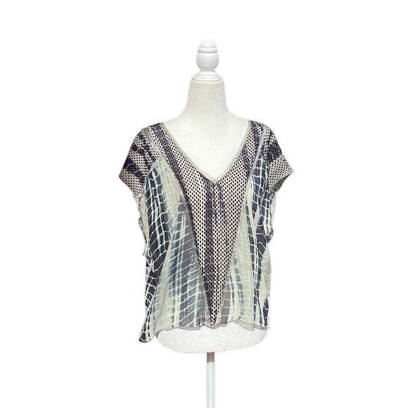 Burning Torch Upcycled Silk Blouse in Tie Dye Indigo on light Gray mesh detail - Picture 7 of 16